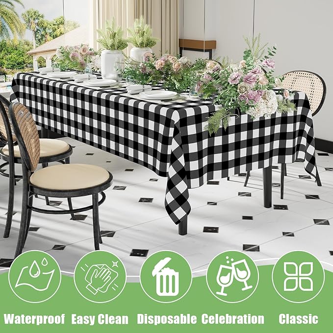 Smiry 5 Pack Black Gingham Disposable Tablecloths - 54" x 108" Heavy Duty Plastic Table Cloth, Waterproof Buffalo Plaid Table Covers for Picnic, Banquets, Outdoor Parties