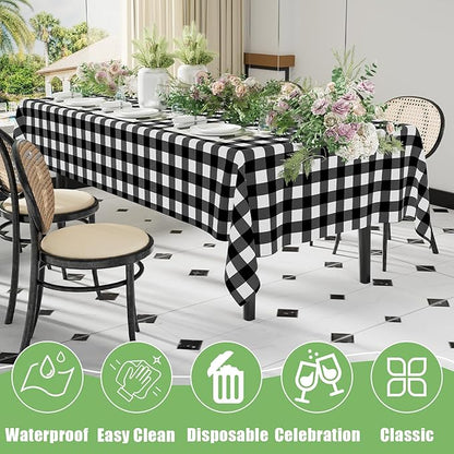 Smiry 5 Pack Black Gingham Disposable Tablecloths - 54" x 108" Heavy Duty Plastic Table Cloth, Waterproof Buffalo Plaid Table Covers for Picnic, Banquets, Outdoor Parties
