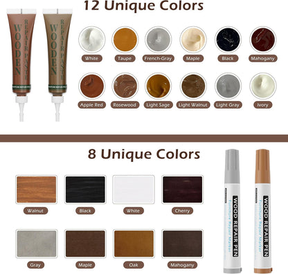 Wood Furniture Repair Kit: 12-Color Filler and 8-Color Markers - Wood Touch Up for Scratches/Cracks/Holes/Stains in Floors/Table/Cabinets(Hardwood/Laminate)
