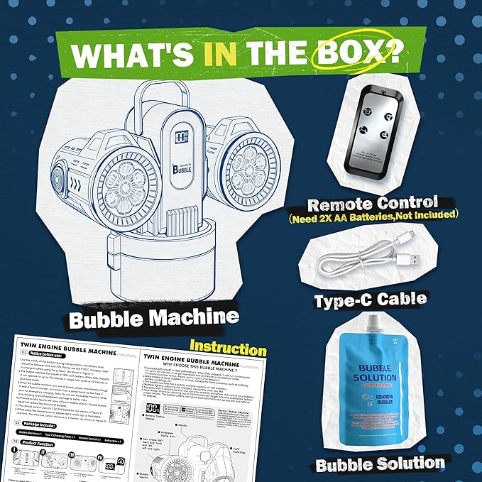 Dual-Engine Bubble Machine with Auto Rotation & RGB Lights & Remote Control,1800mA Type-C Rechargeable,700mL Tank,Bubble Maker for Kids, Party, Wedding, Backyard Outdoor Toy