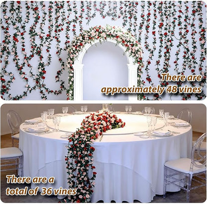 Miracliy 8Pcs 66FT Red Flower Garland, Orange Artificial Rose Floral Vines Fake Hanging Spring Flower Garland for Wall Backdrop Wedding Arch Tea Party Door Mantle Decoration