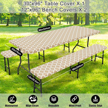 Smiry Picnic Table Cover with Bench Covers, Waterproof Elastic Fitted Tablecloth for 8 Foot Tables, Washable Polyester Tablecloths for Camping, Indoor & Outdoor (Khaki, 30x96 Inch 3-pc Set)