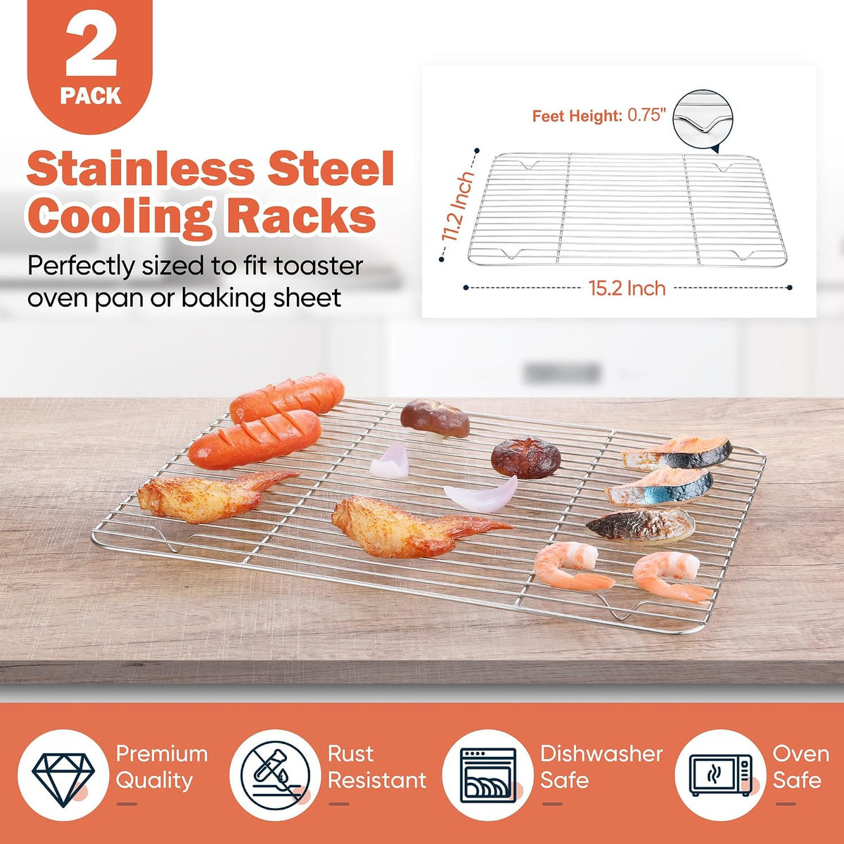 Homikit 2 PCS Cooking &amp; Baking Cooling Rack,15 x 11 Inch Stainless Steel
