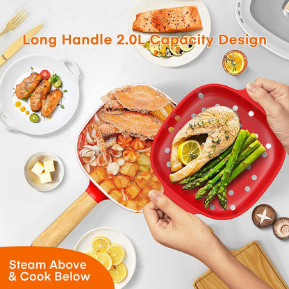 Audecook Hot Pot Electric 2L, Cermic Glaze Non-Stick Frying Pan 8 Inch, Portable Travel Cooker for Ramen/Steak/Fried Rice/Oatmeal/Soup, with Dual Power Control (Silicone Spatula Included)