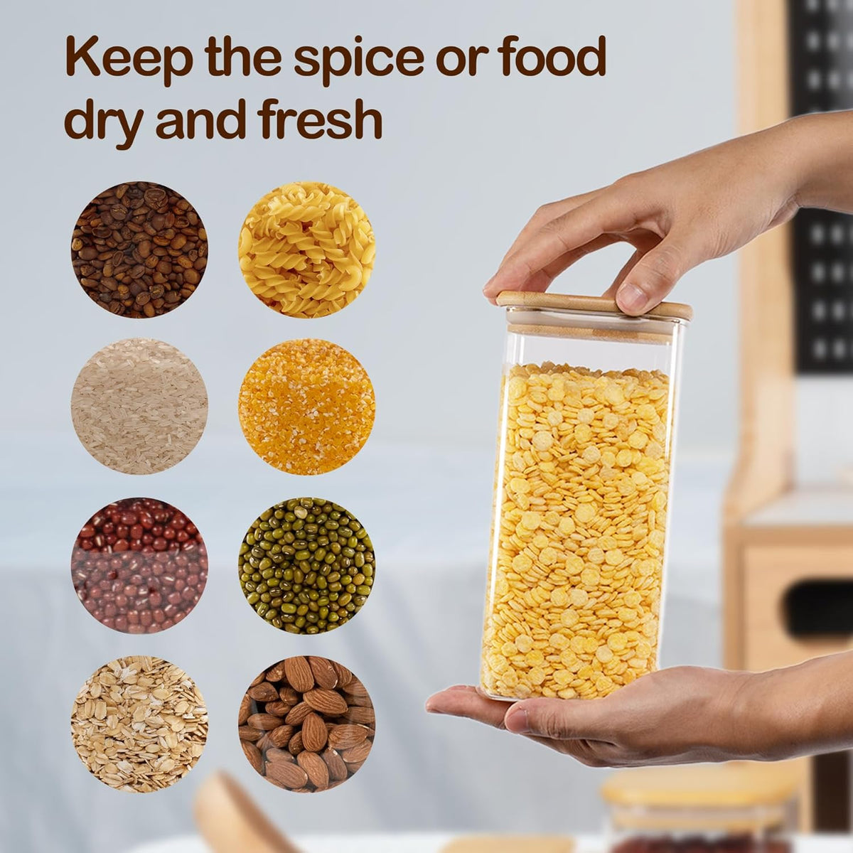 52oz Airtight Glass Square Storage Canister with Bamboo Lid Set of 3 (1550ml) Container Stackable Spice Jar, Kitchen Canister for Flour, Cookies