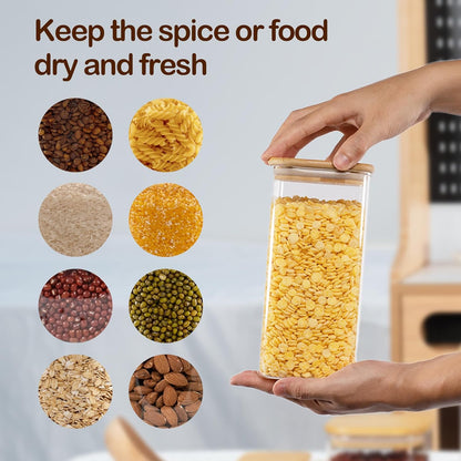 52oz Airtight Glass Square Storage Canister with Bamboo Lid Set of 3 (1550ml) Container Stackable Spice Jar, Kitchen Canister for Flour, Cookies