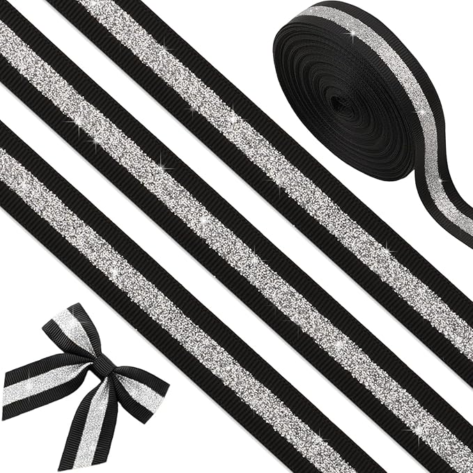 Black Silver Glitter Grosgrain Ribbon 5/8" x 10 Yards - No-Shed Cheer Ribbon for Cheerleading Hair Bows, New Years Party Decorations, Homecoming Mum Supplies, Team Spirit Crafts Gift Wrapping