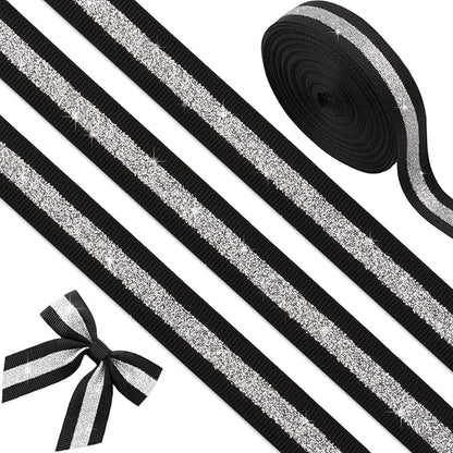 Black Silver Glitter Grosgrain Ribbon 5/8" x 10 Yards - No-Shed Cheer Ribbon for Cheerleading Hair Bows, New Years Party Decorations, Homecoming Mum Supplies, Team Spirit Crafts Gift Wrapping