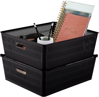 Simplify 4Pk Shallow Slide 2 Stack It Tote Basket | Storage & Organization | Open Bins with Stackable Capability | Bathroom | Crafts | Pantry | Playroom | Office | Black