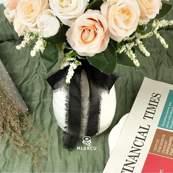Black Chiffon Ribbon - 1 Inch x 21 Yards, Handmade Fringe, Silk, Boho Frayed, Wedding Invitation, Bridal Flower Bouquets, Floral Arrangement, Gift Wrapping