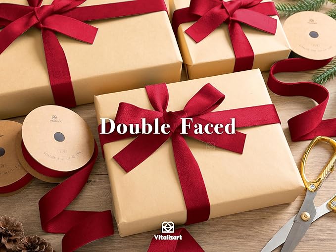 Vitalizart Red Velvet Ribbon Set 1 Inch Double Faced Burgundy Ribbon for Christmas Ornaments Gift Wrapping 15 Yards Wreath Decoration Bows Making Holiday Crafts
