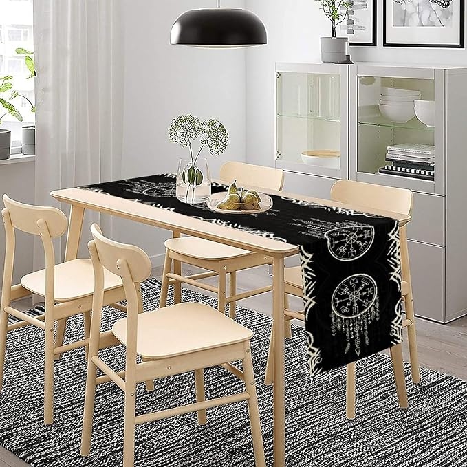 Viking Table Runner, Nordic Ancient Mythical Runes Print Table Runner for Home Dining Kitchen Coffee Table Party 13x70in