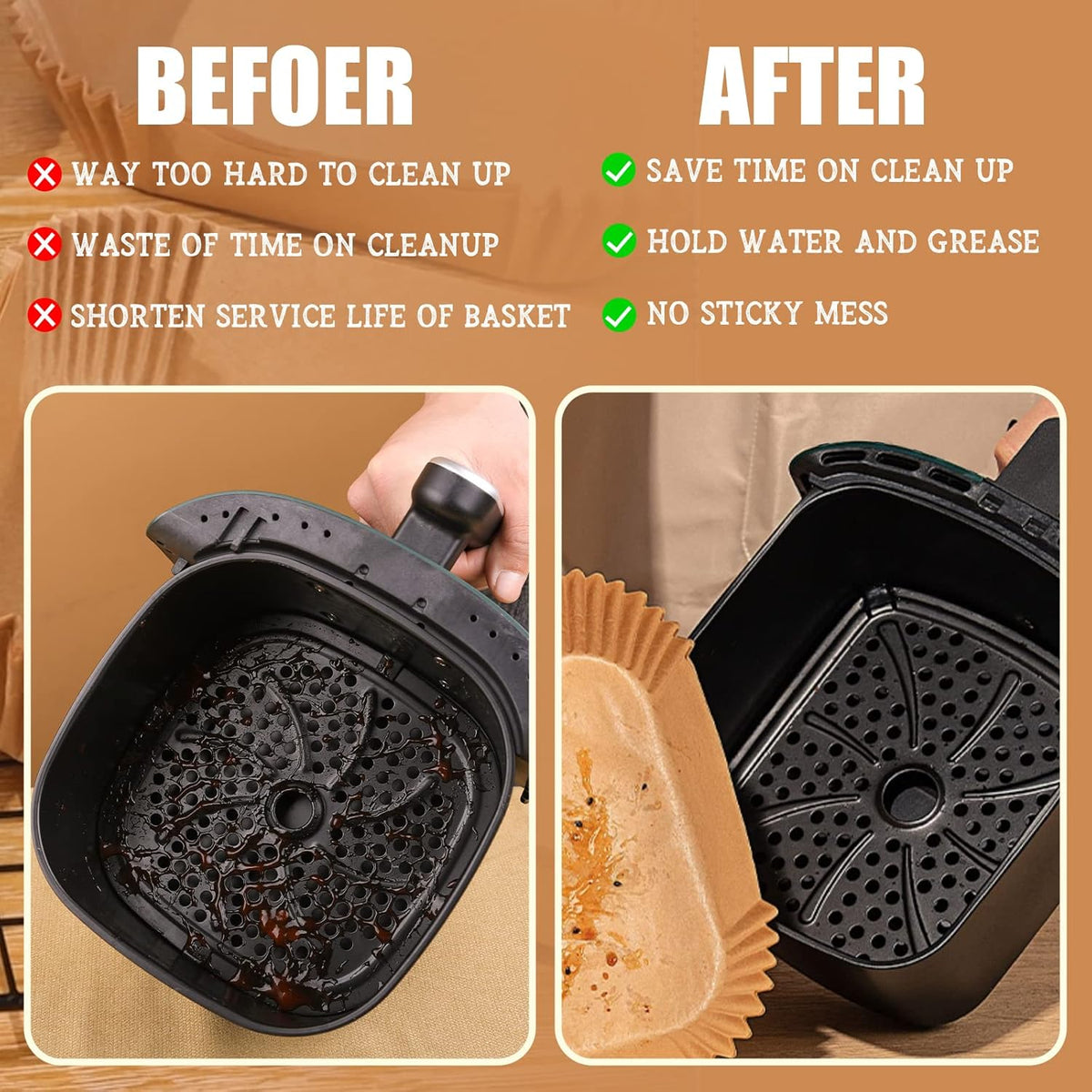 Disposable Paper Liner Square 250 Pcs for 5 to 8 Qt Air Fryer Baskets, Non-stick Oil-proof Parchment Liner Cooking Paper