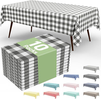 Smiry 10 Pack Grey Gingham Disposable Tablecloths - 54" x 108" Heavy Duty Plastic Table Cloth, Waterproof Buffalo Plaid Table Covers for Picnic, Banquets, Outdoor Parties