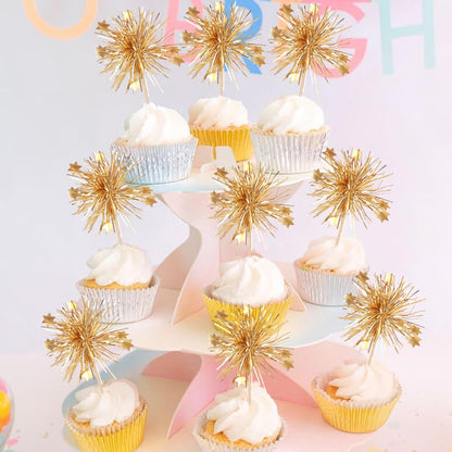 30 PCS Foil Firework Cupcake Toppers Happy Birthday Cake Toppers Star Sparkle Tinsel Flower Drink Stirrers Cocktail Fruit Toothpicks for Valentine's