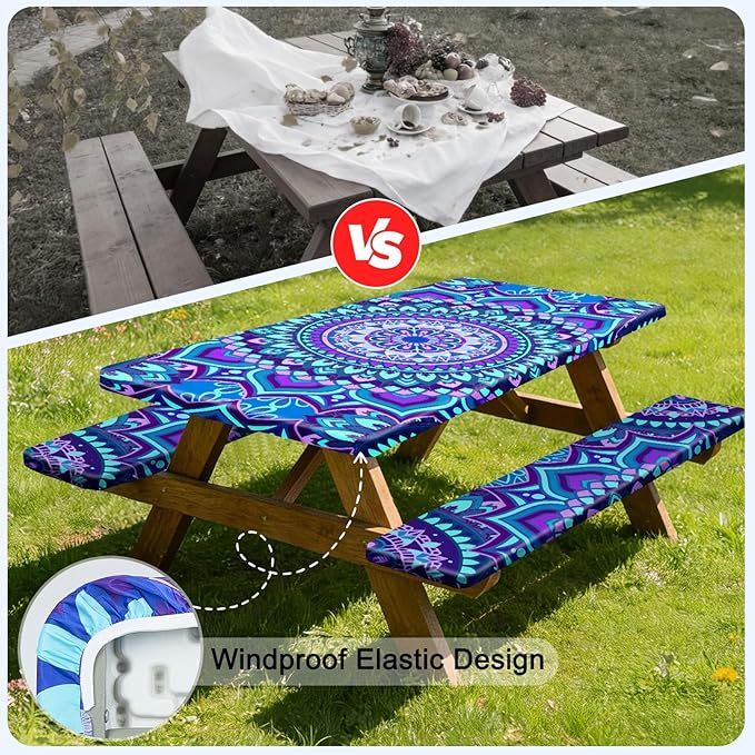 Picnic Table Cover with Bench Covers Windproof Waterproof Picnic Table Covers Camping Tablecloth with Self-Storage Bag, 72in, Blue Purple