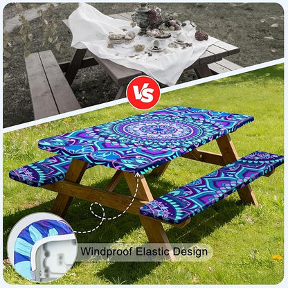 Picnic Table Cover with Bench Covers Windproof Waterproof Picnic Table Covers Camping Tablecloth with Self-Storage Bag, 72in, Blue Purple