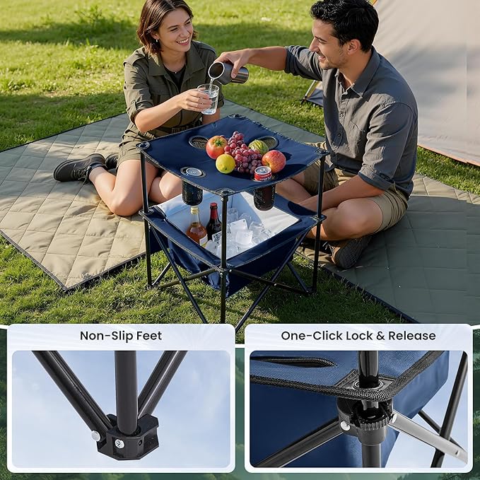 Portable Outdoor Folding Camping Table with 4 Cup Holders & Cooler Compartment, Waterproof Picnic Table for Picnic, BBQ, Beach, Hiking (Navy Blue)
