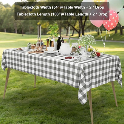 Smiry 3 Pack Grey Gingham Disposable Tablecloths - 54" x 108" Heavy Duty Plastic Table Cloth, Waterproof Buffalo Plaid Table Covers for Picnic, Banquets, Outdoor Parties