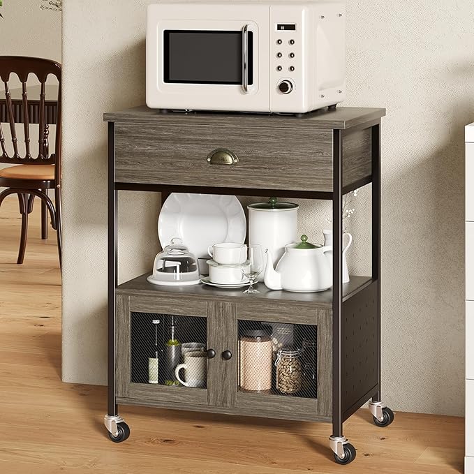 Catrimown Coffee Cart Station, Coffee Stand Station, Small Microwave Stand with Drawer, Movable Farmhouse Coffee Station Table on Wheels for Living Room, Entryway, Dining Room, Kitchen, Wash Grey