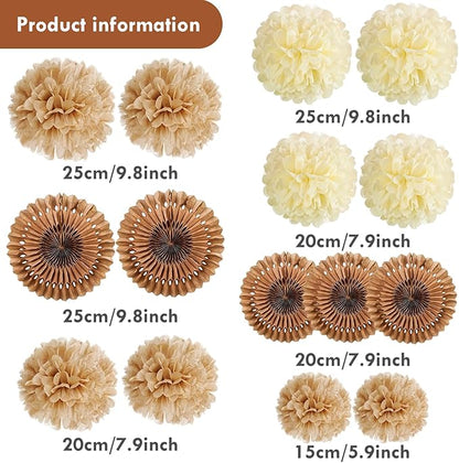 PAPER JAZZ 15 Pcs Wedding Decoration Vintage Beige Pompoms Decoration Brown Paper Fans Boho Party Decoration for Wedding Decoration Birthday Table Decoration Baby Shower