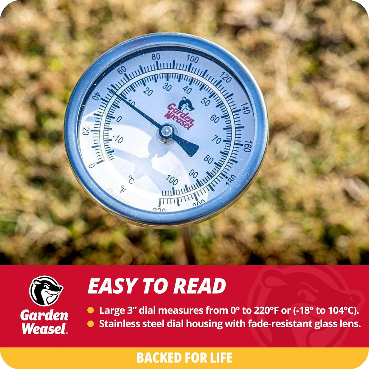 Garden Weasel Analog Soil & Composting Dial Thermometer - 36-Inch Probe, Measures 0 to 220 Degrees Fahrenheit, Soil Temperature, Worm Compost, 98001-A