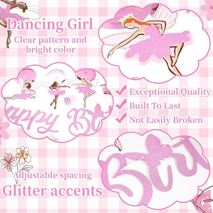 SUNBEAUTY Ballerina Birthday Party Decorations Pink Ballet Girls Happy Birthday Banners Ballet Themed Hanging Banner Flower Garland Wall Ceiling Decor for Girls Tutu Dance Party Supplies