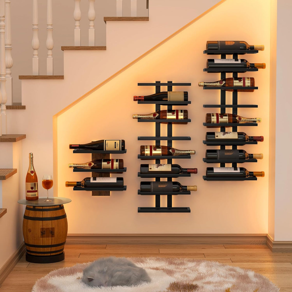 Hoctieon 3-Set 8 Tier Wall Mount Wine Rack (24 Tiers), Wall Racks for Wine Bottles Display and Storage, Hanging Bottle Organizer for Living Room, Dining Room, Wine Cellar, Bar, Black