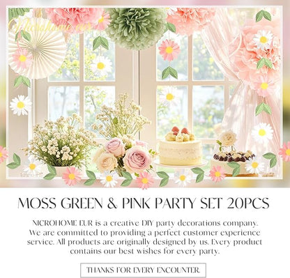 NICROHOME EUR Wedding Decorations, 20 PCS Sage Green and Pink Tissue Pom Poms Paper Lanterns Paper Fans 3D Flower Garlands for Bridal Shower Baby Shower Women Girls Birthday Garden Party Decor