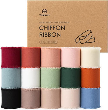Vitalizart Chiffon Silk Ribbon 1 1/2 Inch x 75 Yd Handmade Frayed Edge Assorted Ribbons for Gift Wrapping Bridal Bouquets Baby Shower Wedding Invitations