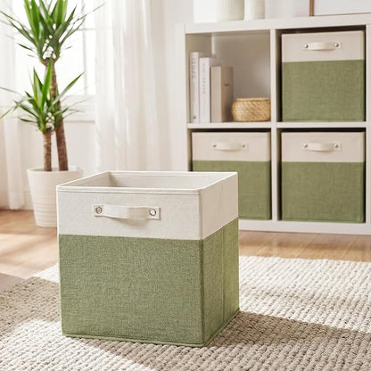 FinishingBo 13x13x13 Inches Fabric Storage Bin with Handles, Cube Storage Bins, Storage Baskets for Organizing Shelf Home Closet,6 Pack (White and Green)