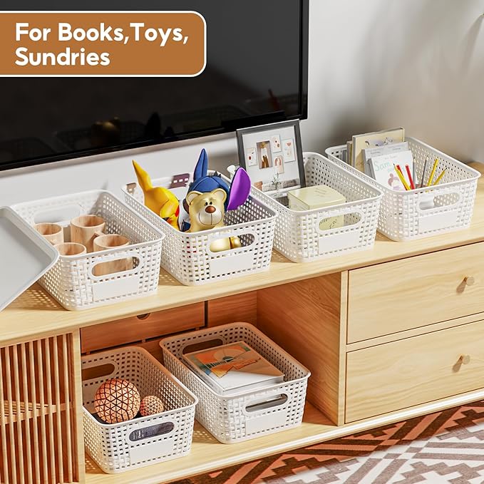 8 Pcs Plastic Storage Baskets with Lids, Stackable Storage Bins with Lids & Labels for Organizing, Small Storage Bins for shelves Office Drawer Cabinet & Pantry Nursery Organization,10.2*7.2*4.1In