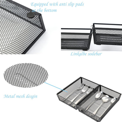 Mesh Tray Kitchen Drawer Utensil Cutlery Tray Office Supplies with Inter-locking Arm Drawer Dividers Organizer for Silverware, Flatware, Home,Office, School,Bedroom(9＂X6＂4pack) Black