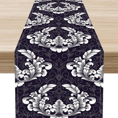 Gothic Table Runner, Antique Retro Damask Floral Bohemian Boho Purple Rustic Vintage Coffee Table Center Decor for Kitchen and Dining Outdoor Home Country Party Table Decorations, 13"x108"