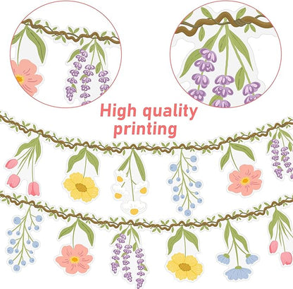 Flower Party Banner Wildflower Garland Spring Floral Party Decorations 2PCS Enchanted Garden Hanging Banner Decor for Flower Theme Wedding Wild One Birthday Baby Shower Valentine's Supplies