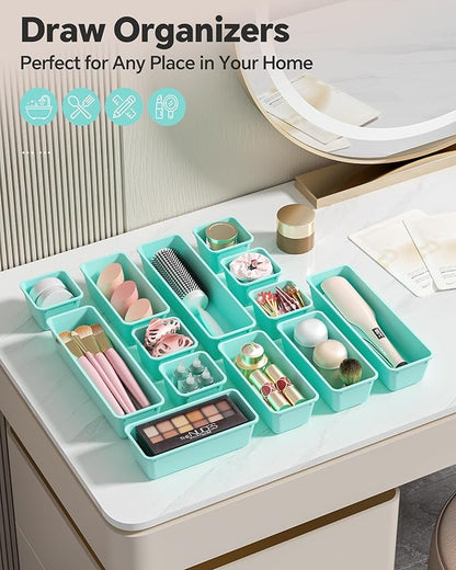 Canfanni 13 Pack Plastic Drawer Organizers Set, 3 Sizes Desk Drawer Organizer Trays for Vanity and Makeup Organizer, Organization and Storage for Makeup, Kitchen Utensils, Bathroom and Office(Blue)