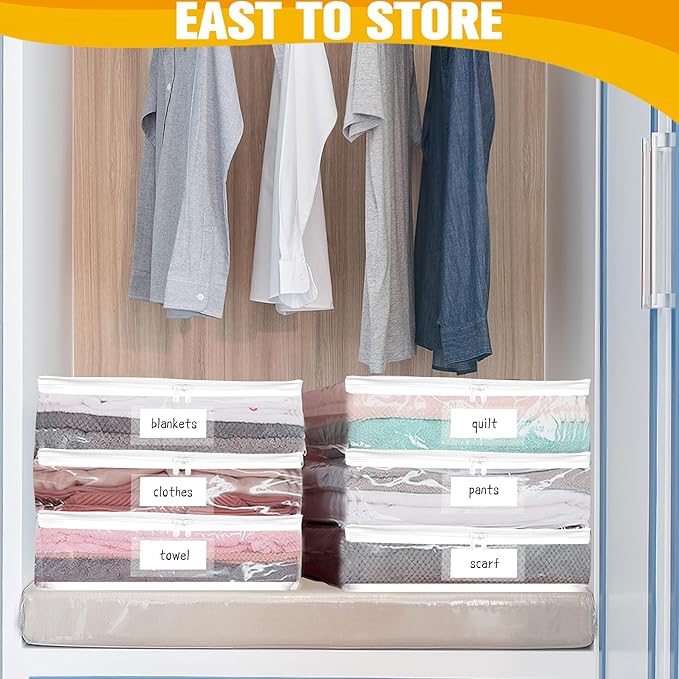 Kikerike Plastic Storage Bags with Easy-Glide Zipper, Pack of 6, Durable Clear Vinyl Zippered Storage Bags for Clothes Sweaters Comforters Blankets Sheets Bedding (12 x 12 x 3.9 Inch, White)