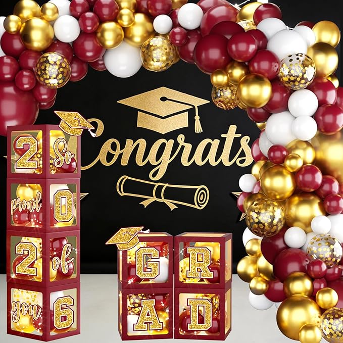 Graduation Decorations Class of 2026,Maroon and Gold Graduation Decorations 2026,Maroon and Gold Grad Balloon Boxes with Letters 2026,So Proud of You Backdrop for Graduation Party