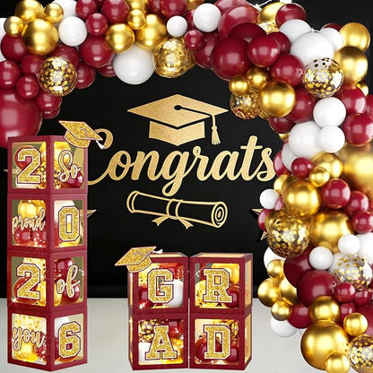 Graduation Decorations Class of 2026,Maroon and Gold Graduation Decorations 2026,Maroon and Gold Grad Balloon Boxes with Letters 2026,So Proud of You Backdrop for Graduation Party