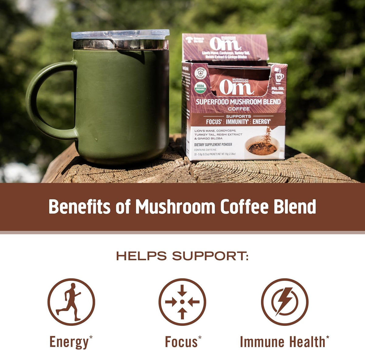 OM MUSHROOM SUPERFOOD Coffee Blend Mushroom Powder, Single Serve, 10 Count, Organic Arabica Beans, Lion's Mane, Cordyceps, Turkey Tail, Reishi Extract, Ginkgo Biloba, Supports Energy and Focus
