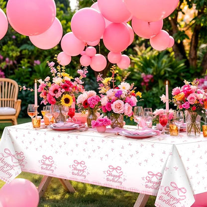NatNarr 3 Pack Coquette Pink Bow Plastic Tablecloth, 54 X 108Inch Disposable Happy Birthday Table Cloth for Rectangle Tables Waterproof Table Cover for Girls Bridal Wedding Birthday Party