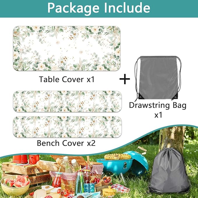 Picnic Table Cover with Bench Covers and Bag, Outdoor Waterproof Windproof Tablecloth with Elastic Edges, Camping Accessories RV Gear Campers 72x30 Inches 3 Pcs Set, Sage Green Eucalyptus Leaves