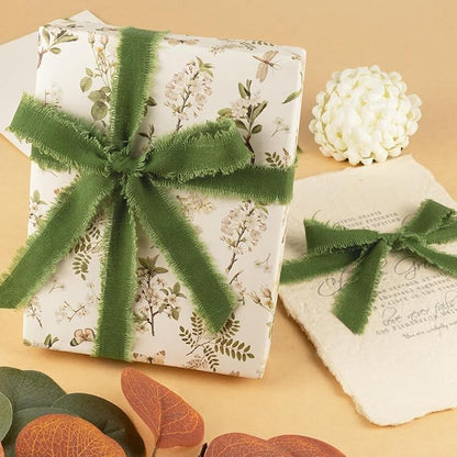 Moss Green Cotton Ribbon 5/8 Inch Moss Green 3 Rolls 21 Yards Frayed Edge Fabric Set for Rustic Wedding Decor, Bridal Bouquet Wrap, Woodland Theme Party, Baby Shower & Wreath Making