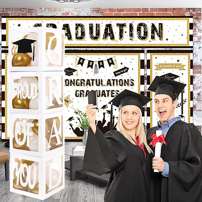 Graduation Decorations 2026,4 Pcs Transparent Balloon Boxes with Letters of GRAD,PROUD OF YOU,Class of 2026 and 130pcs White Gold Balloons Arch for High School College 2026 Grad Party Supplies
