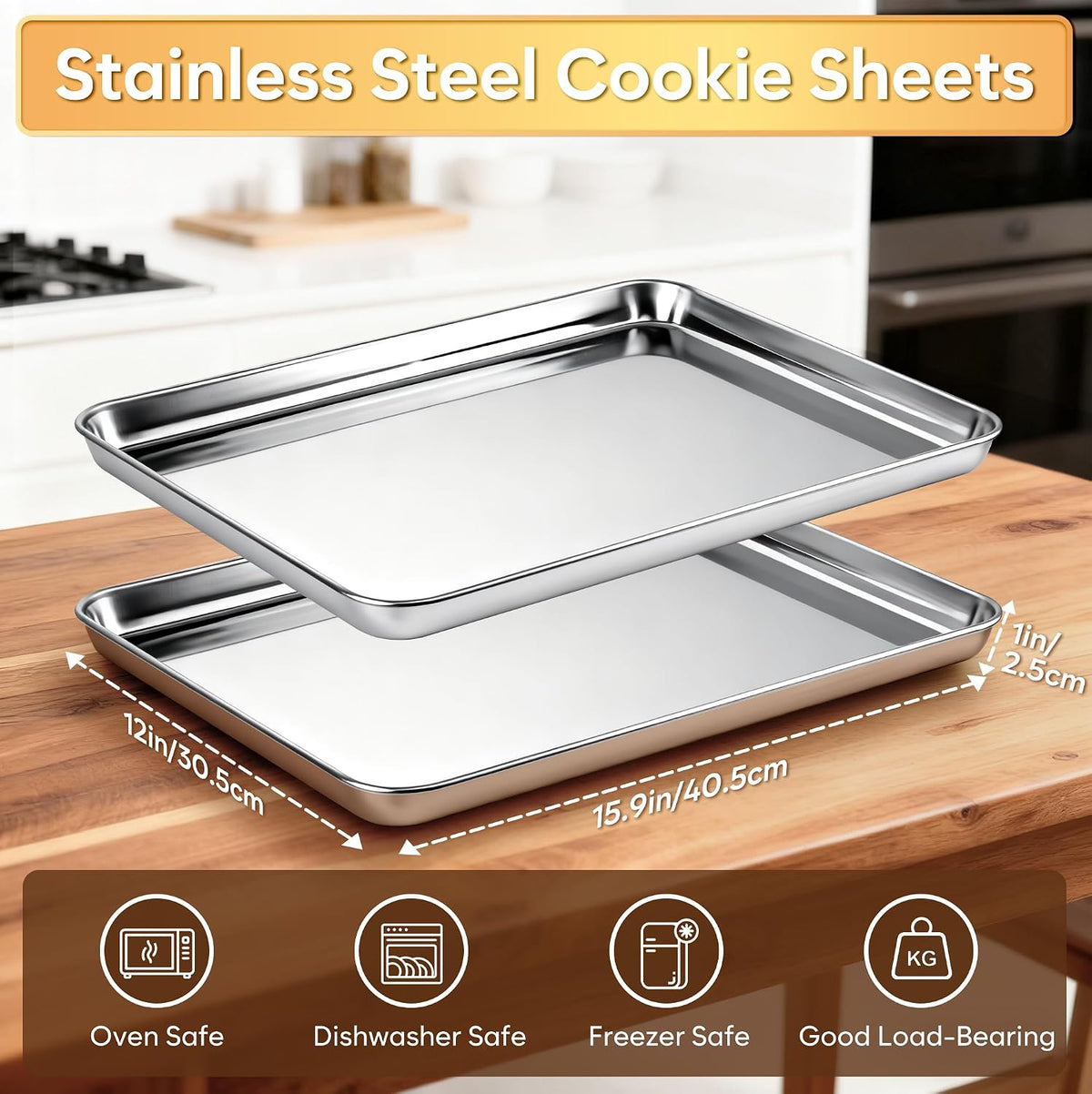 Jelly Roll Pan Set of 2, 15.9” x 12” Stainless Steel Cookie Sheets for Baking, Non Stick Baking Sheets for Oven Heavy Duty Baking Trays