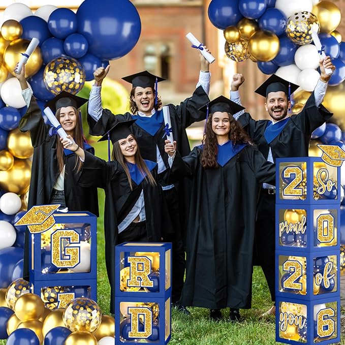 Graduation Decorations Class of 2026,Blue and Gold Graduation Decorations Class of 2026,Blue Balloon Arch Grad Boxes with Letters 2026 So Proud of You Grad 2026 for College Graduation Party Supplies