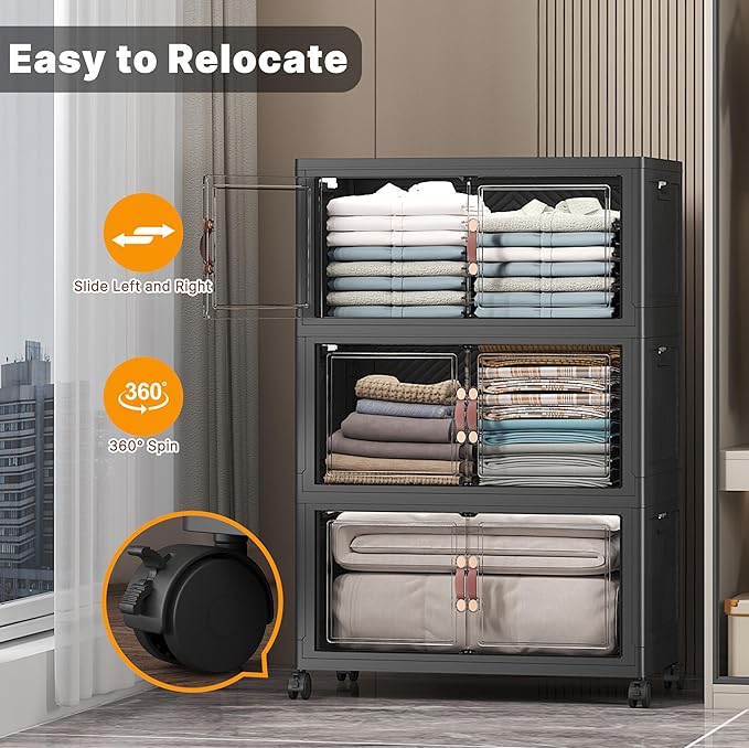 UAMFURI 672QT Lockable Storage Bins with Lids - Stackable Storage Cabinet with Doors and Wheels, Collapsible Plastic Organizer and Containers for Closets, Office, 6 Pack Cubes