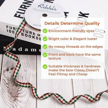 Ribbli Burgundy and Forest Green Gingham Ribbon,100% Polyester Woven Edge,3/8 Inch x 10 Yard,Plaid Ribbon Use for Christmas Gift Wrapping,Party Decoration