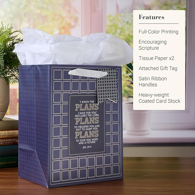 Christian Art Gifts Large Portrait Inspirational Scripture Gift Bag, Tag & Wrapping Tissue Paper Set for Grads: I Know the Plans Bible Verse, Sturdy Satin Ribbon Handles, Checkered Dark Blue & Gold