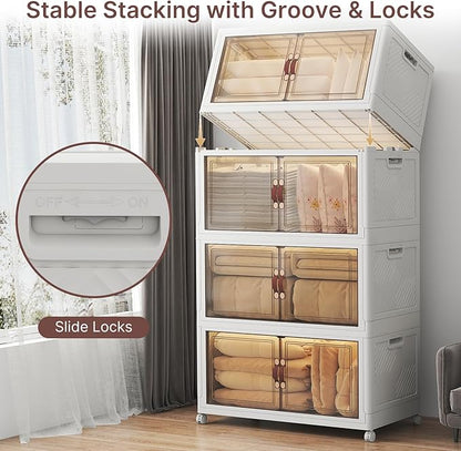 UAMFURI Stackable Storage Bins with Lids, 720QT Closet Organizers, Lockable Storage Cabinet，Foldable Storage Box with Doors and Wheels, Plastic Drawers for Home, Garage, Office (4, White, Extra Large)